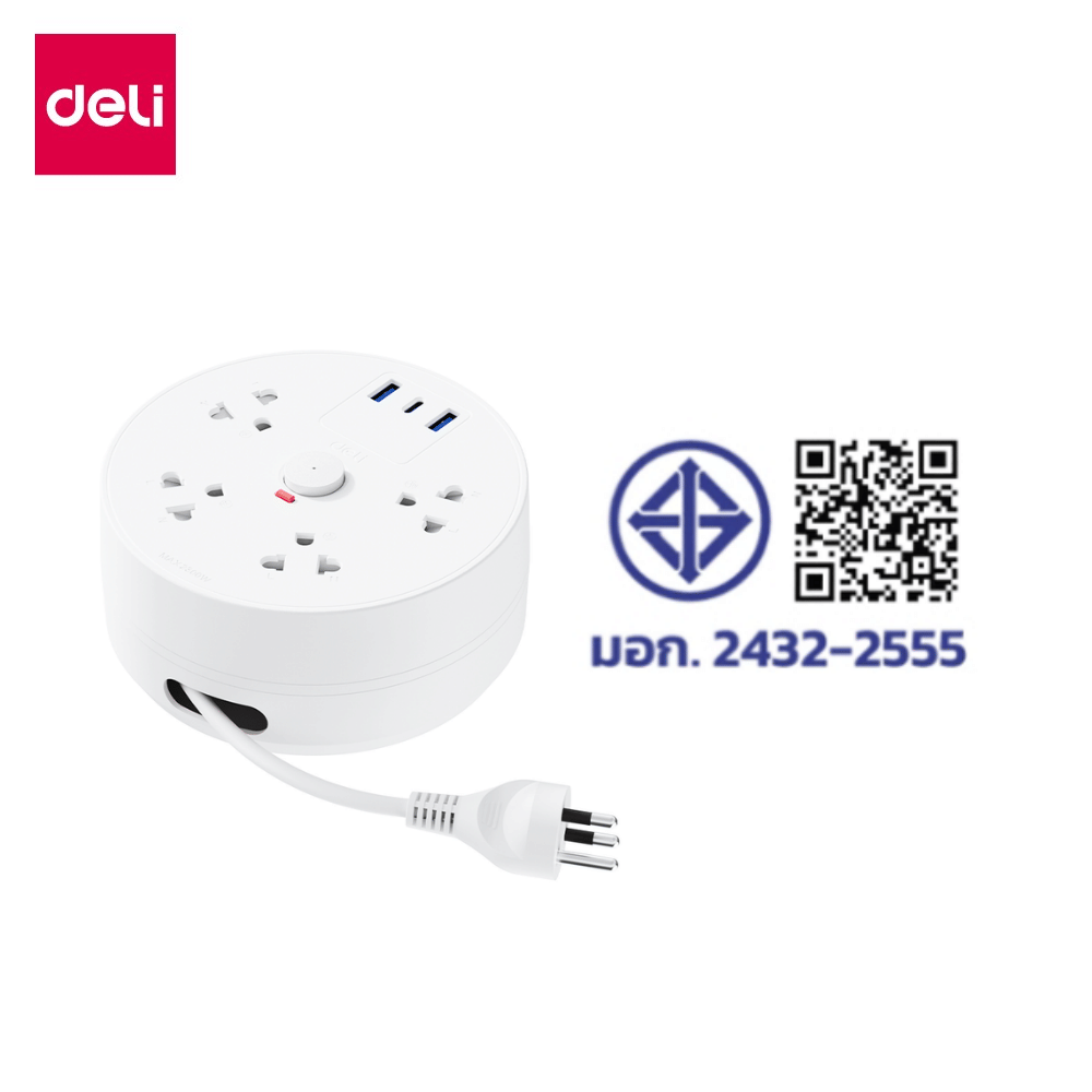 รางปลั๊กไฟทรงกลม 4 ช่อง 1 สวิตซ์ USB 2A1C DELI ET812(02)-WH-01 2 ม. สีขาว_9